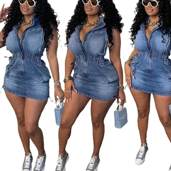 🎉Get ready to rock this zip front sleeveless patch pockets bodycon denim dress - Picture 5 of 5